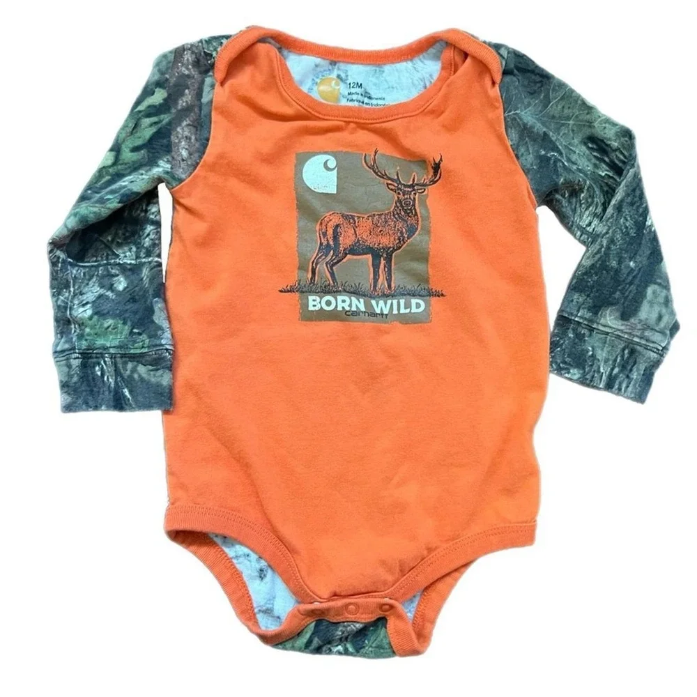 Carhartt Bodysuit Orange Camo Mossy Oak Deer Born Wild 12M